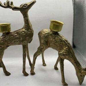 Vintage Small Brass Buck Doe Deer Figures Candle Holders Xmas Decor 6” - Set 2